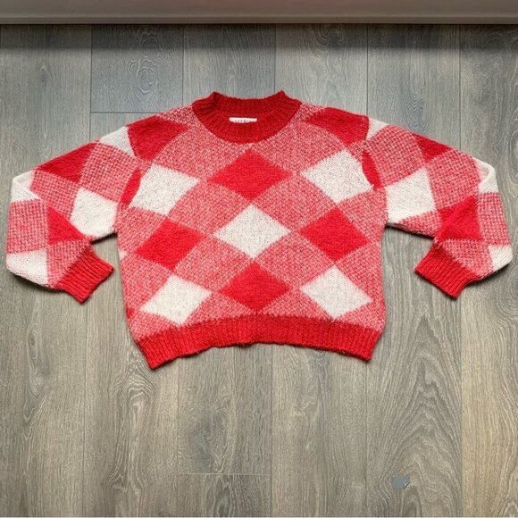 Sandro Sparks Diamond Sweater Red Plaid Mohair Size Small crew neck fluffy - Picture 4 of 11